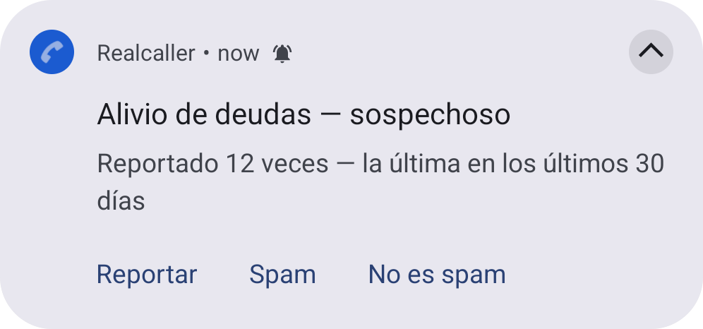 Tarjeta de Realcaller: “Alivio de deudas, sospechoso”, reportado 12 veces, la última en los últimos 30 días.