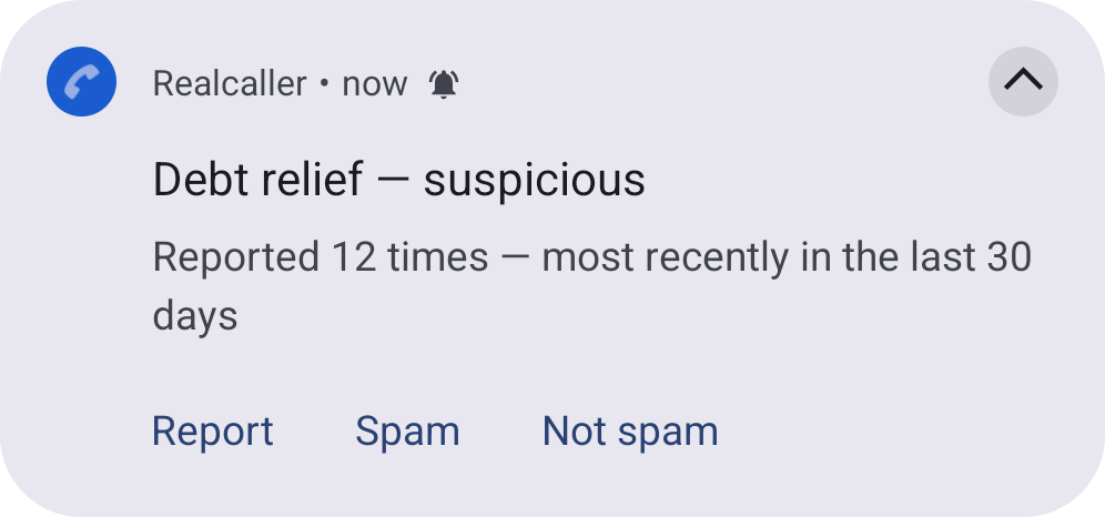 Realcaller card: “Debt relief, suspicious”, reported 12 times, most recently in the last 30 days.