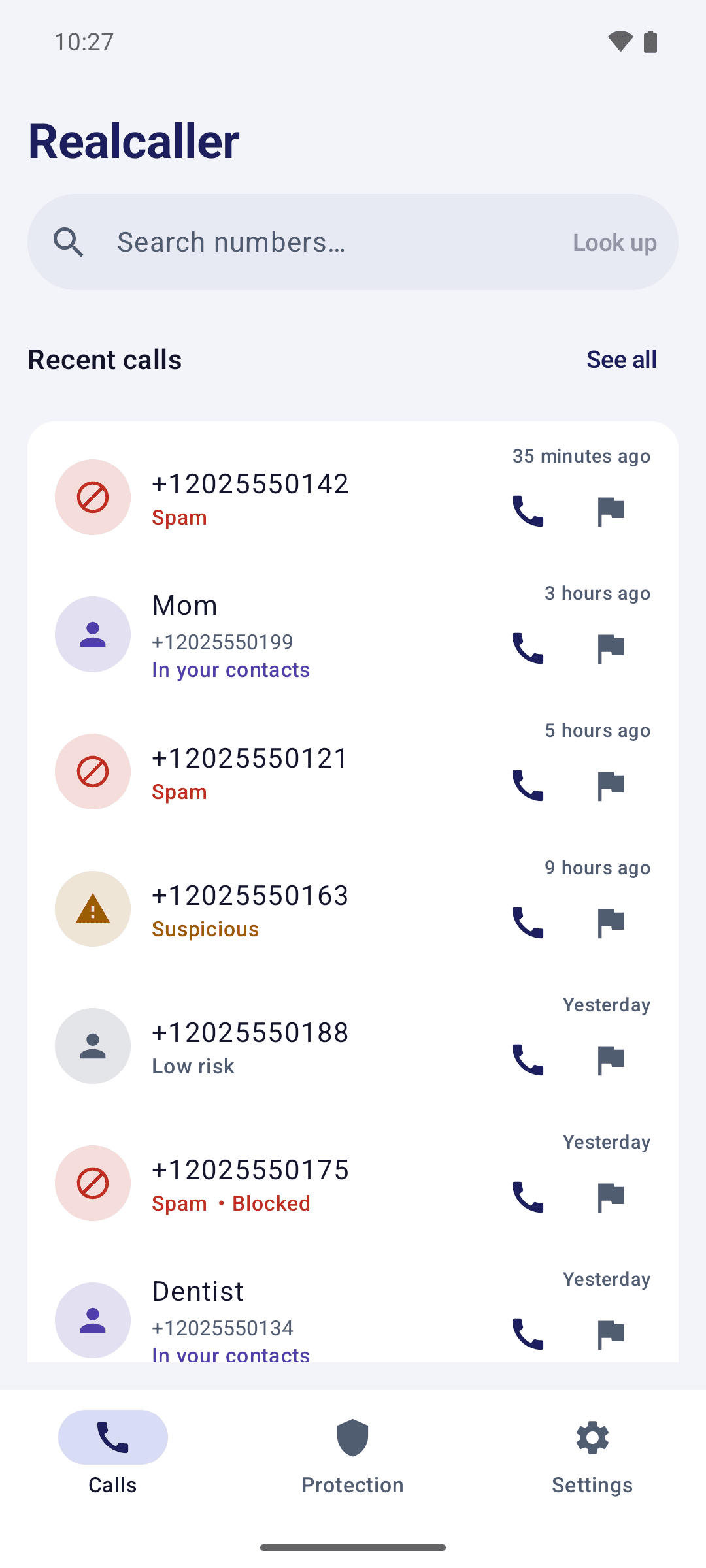 The Realcaller Calls tab. One row is labelled “Spam” with “Blocked” next to it, others show Suspicious, Low risk and In your contacts.