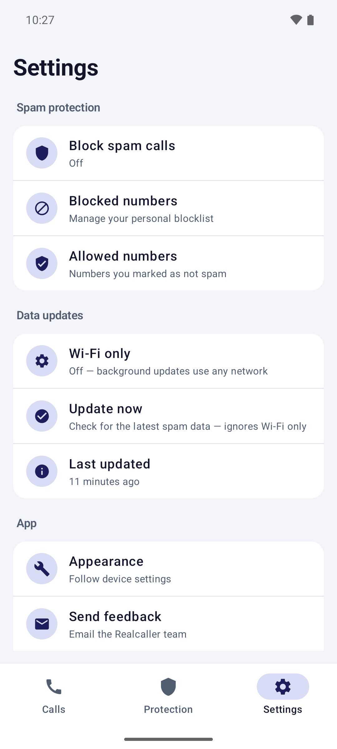 The Realcaller Settings screen. Under Spam protection: “Block spam calls: Off”, “Blocked numbers: Manage your personal blocklist” and “Allowed numbers: Numbers you marked as not spam”.