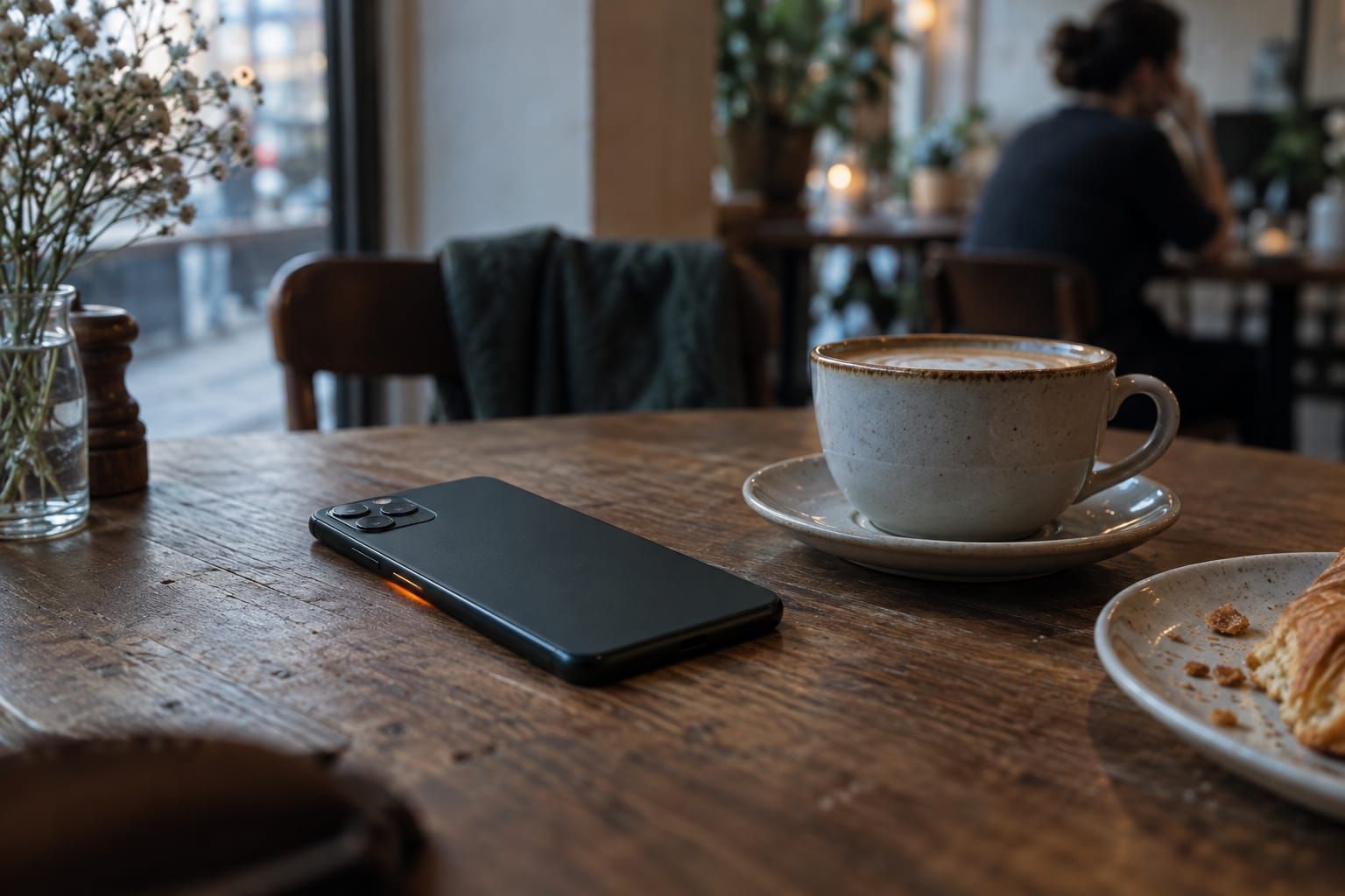 A phone lying face down on a café table next to a cup of coffee.