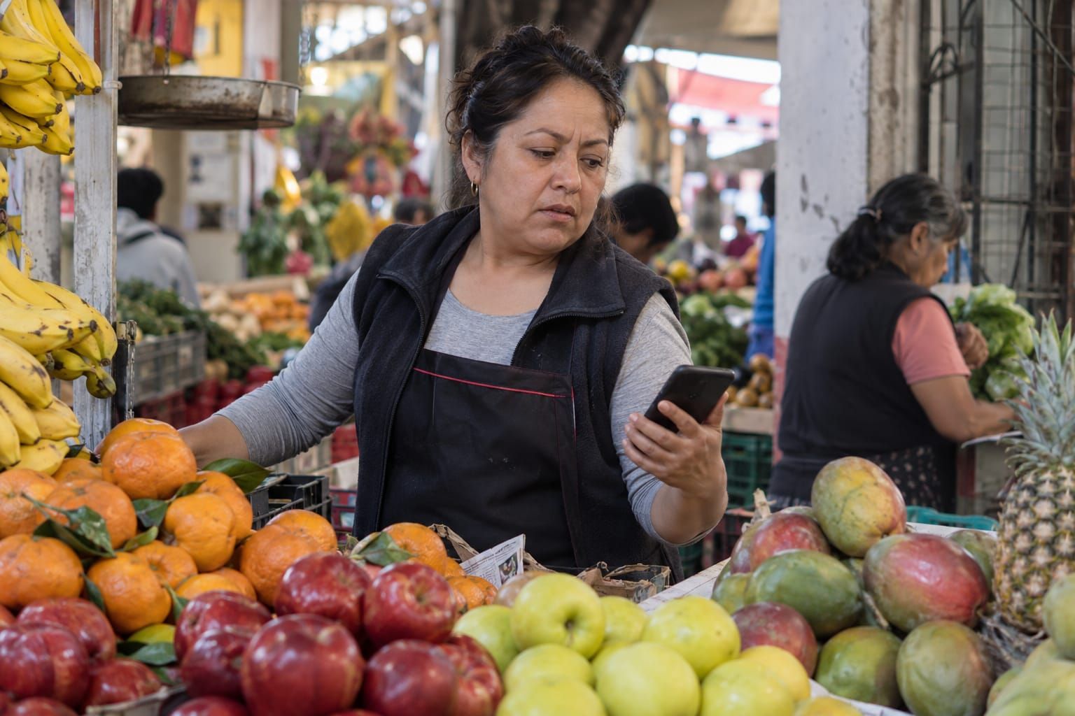 A fruit seller at a Mexico City market looking at her phone.