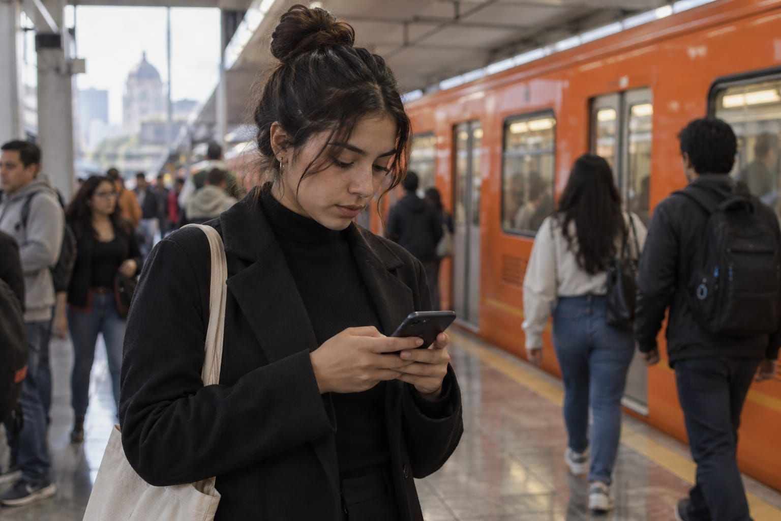 A young woman on a Mexico City metro platform looking at her phone, with an orange train behind her.