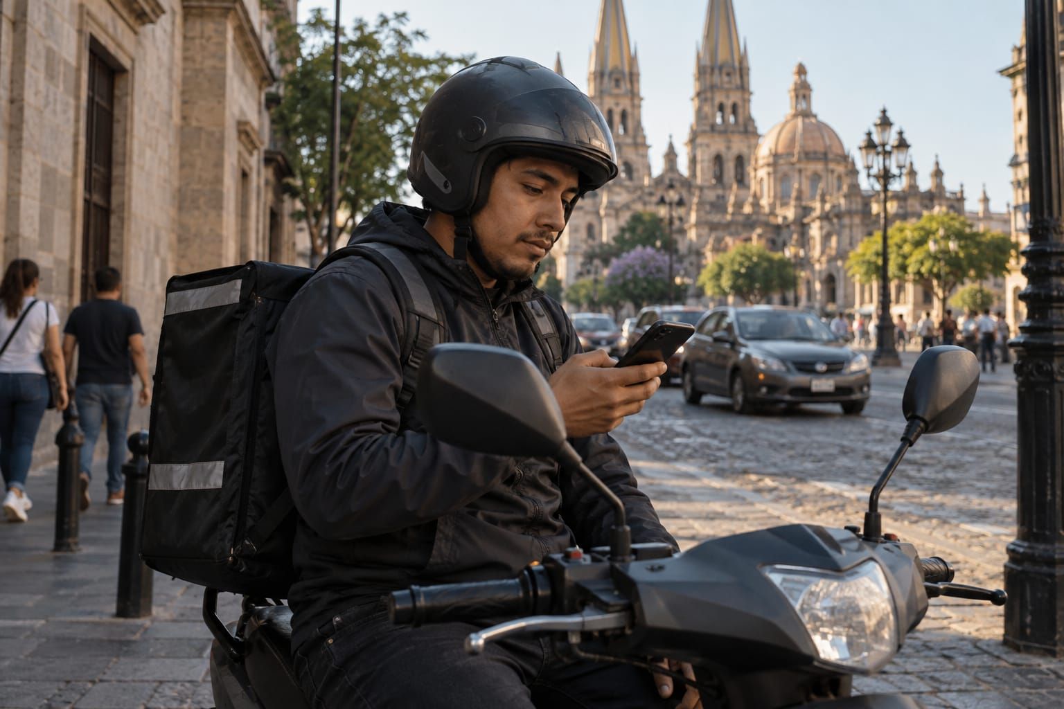 A delivery rider on a scooter in Guadalajara looking at his phone, with the cathedral behind him.