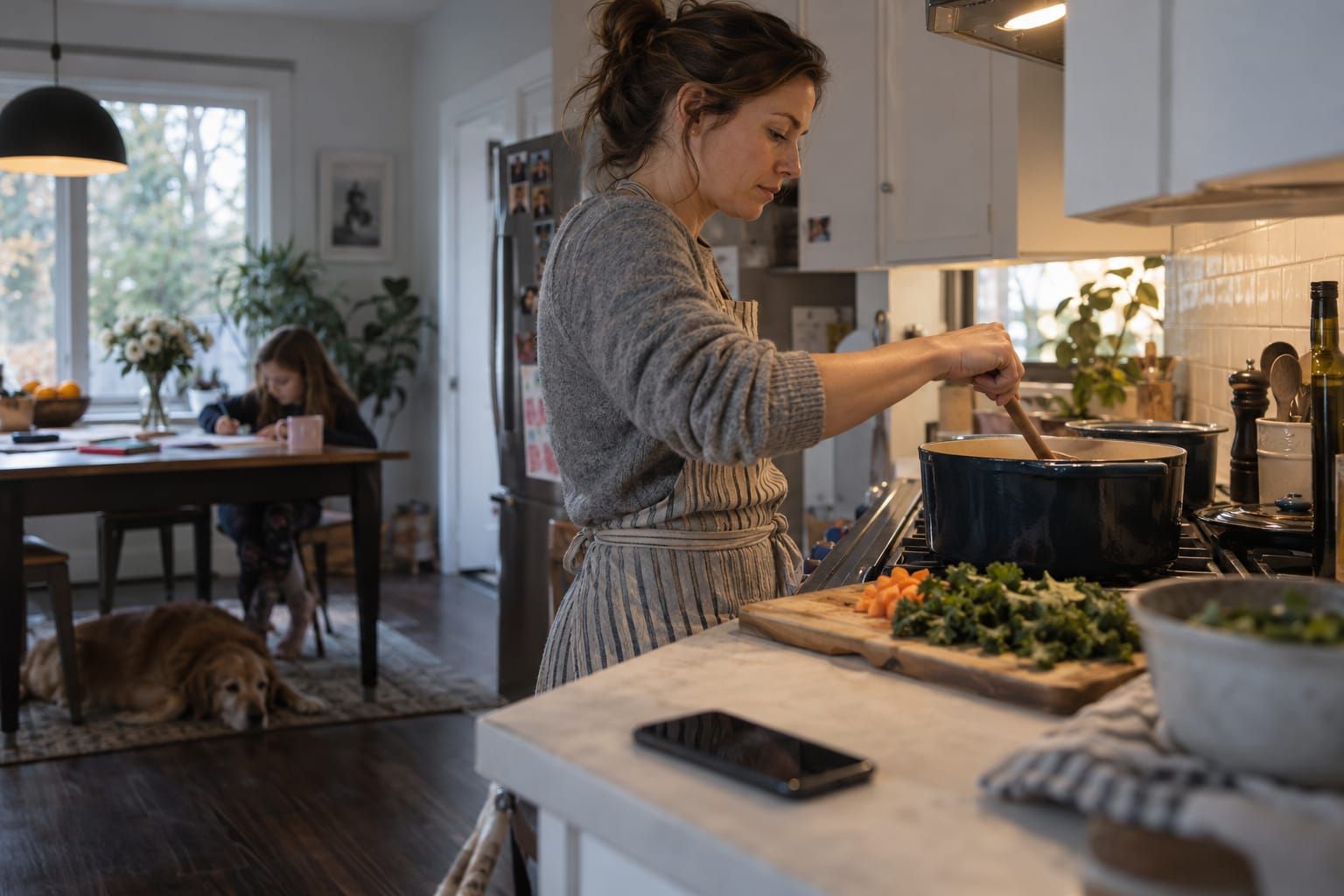 A parent cooking at home while a phone lies on the kitchen counter.