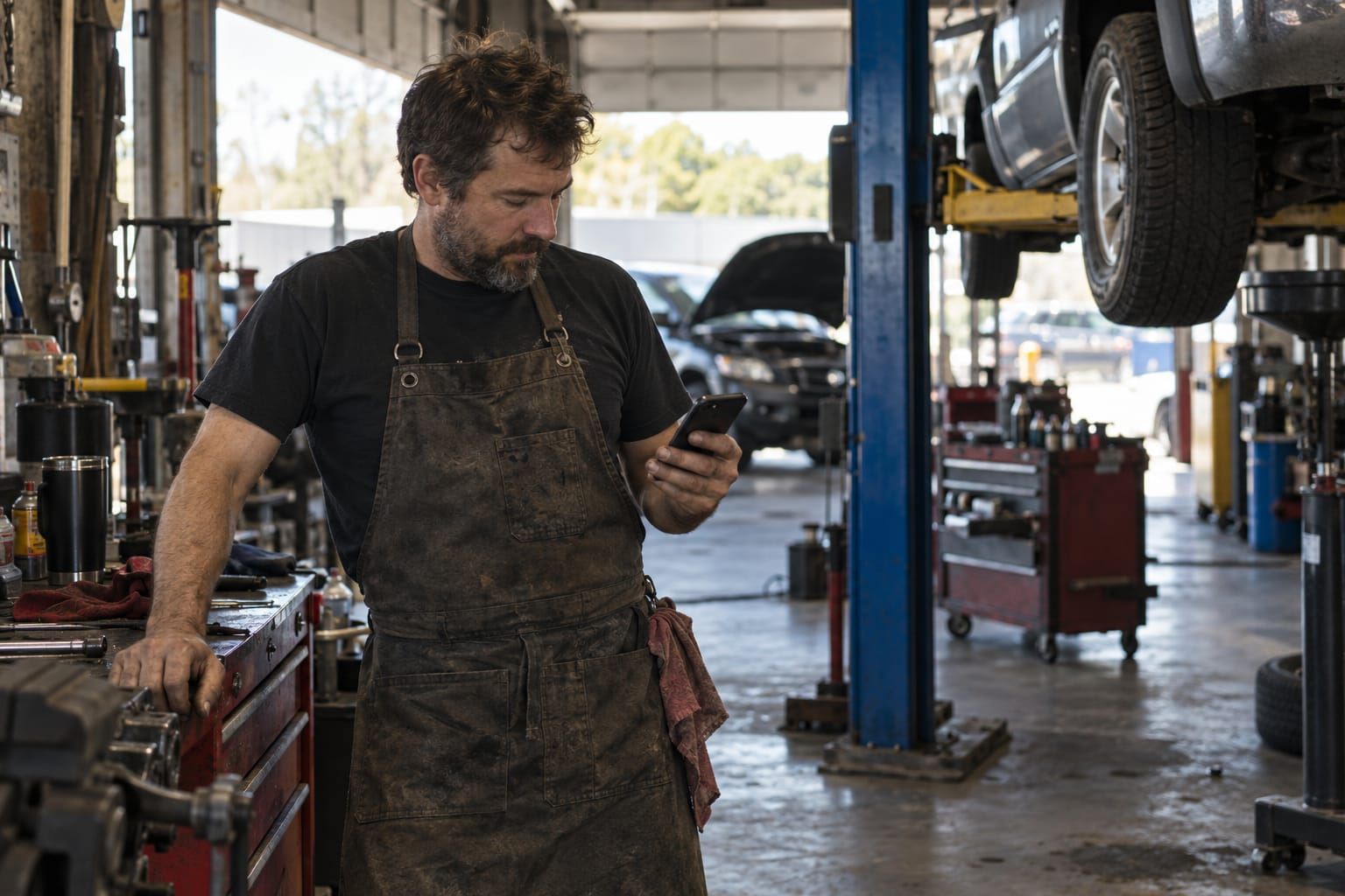 A mechanic in a garage checking a call on his phone.