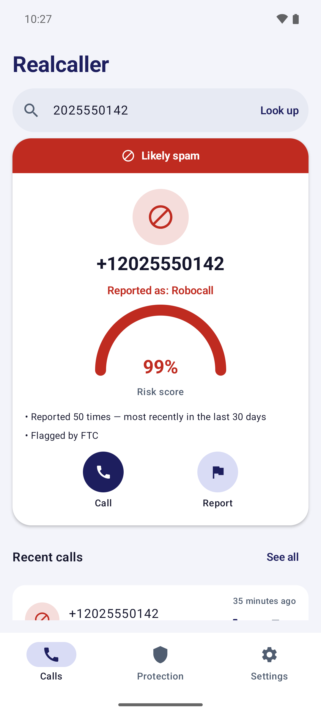 The Realcaller number search for a fictional number: “Likely spam”, a 99% risk score, “Reported as: Robocall”, and two reasons: reported 50 times in the last 30 days, and flagged by the FTC.