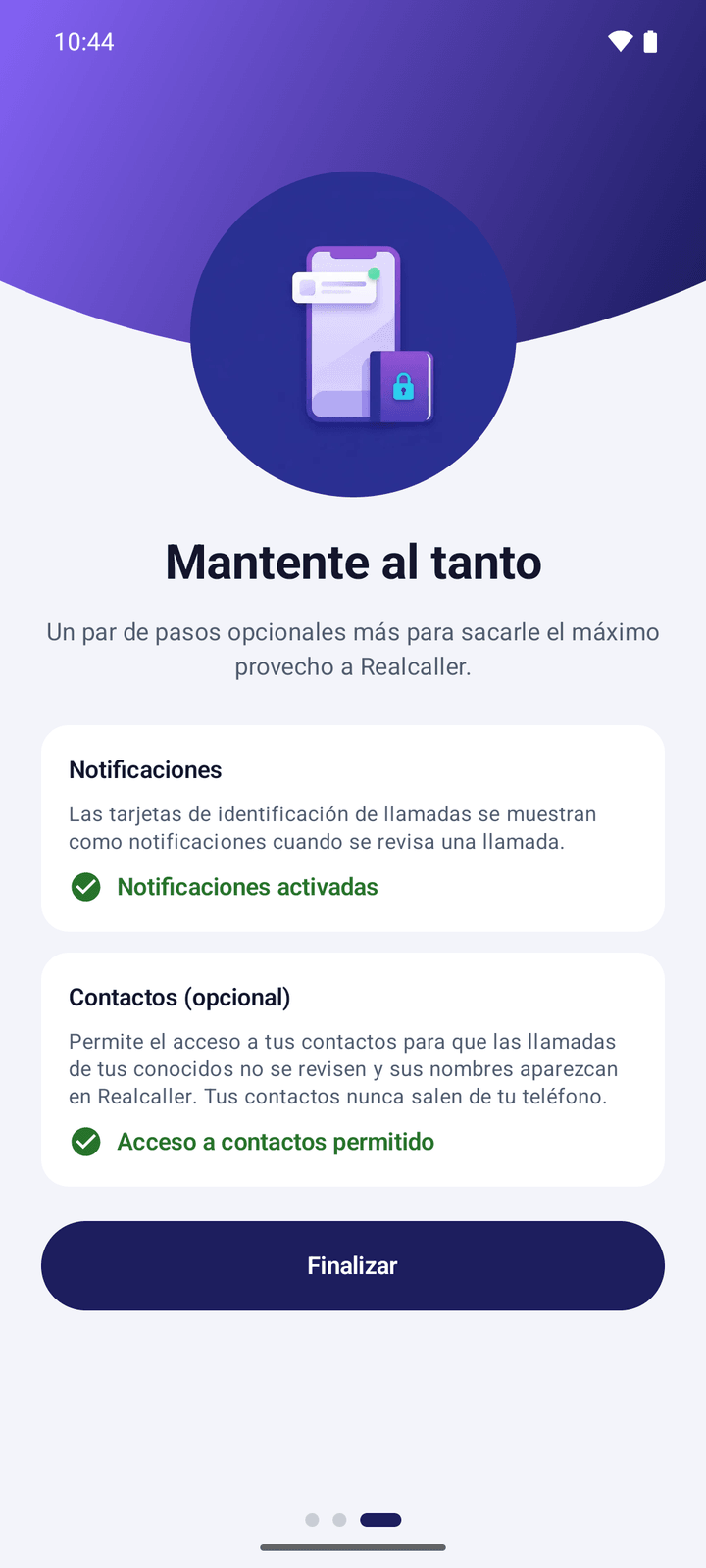 La página “Mantente al tanto”, con dos tarjetas, Notificaciones y Contactos (opcional), que muestran que están activadas, y un botón Finalizar.