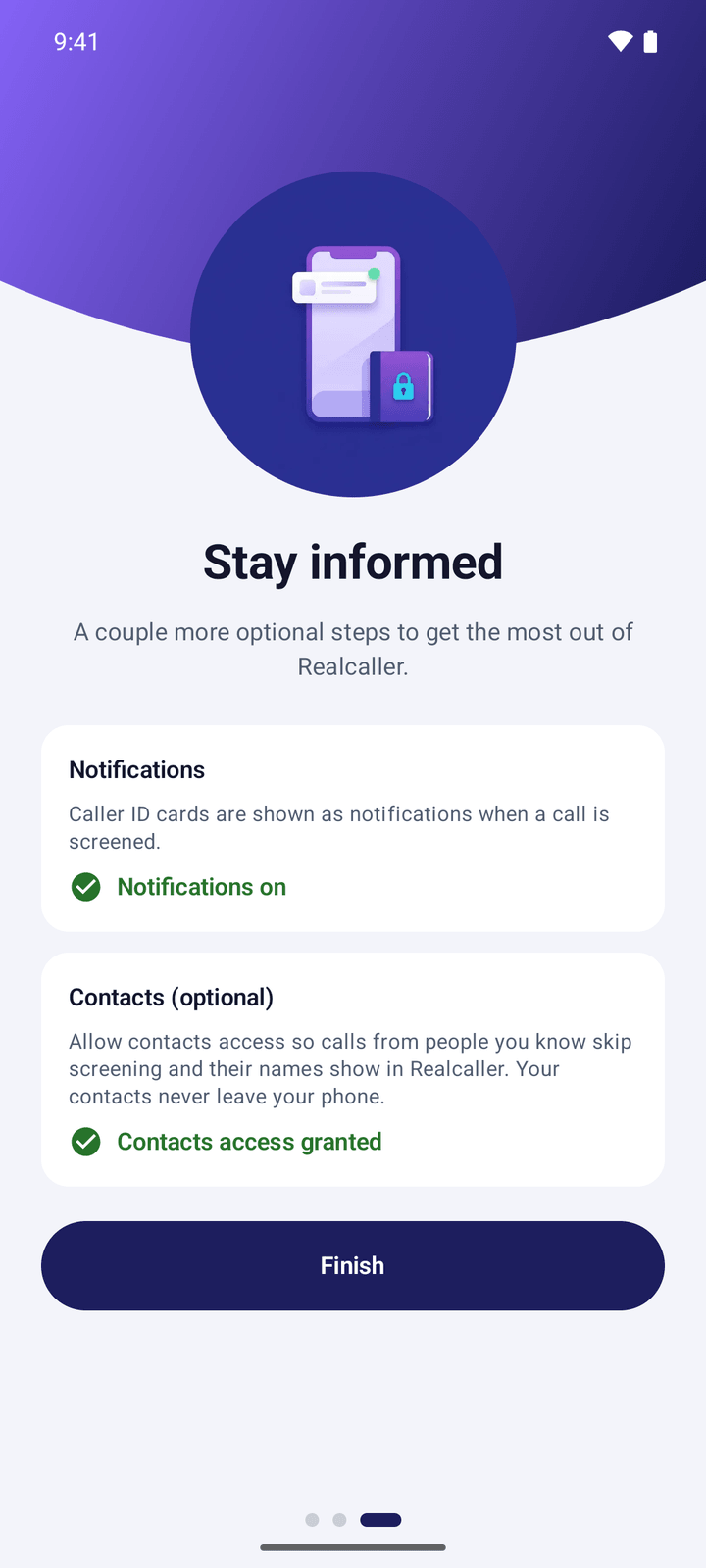The “Stay informed” page, with two cards, Notifications and Contacts (optional), each showing it is turned on, and a Finish button.
